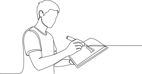 Artist drawing in sketchbook with pen, continuous line art, creative process, minimalist sketch © Brian