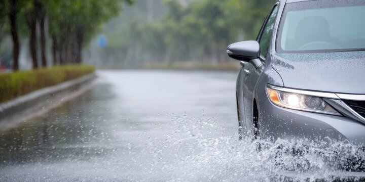closeup of a car splashing water on the road during heavy rain