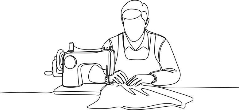 Continuous line drawing of a tailor sewing fabric with a sewing machine, minimalist style.