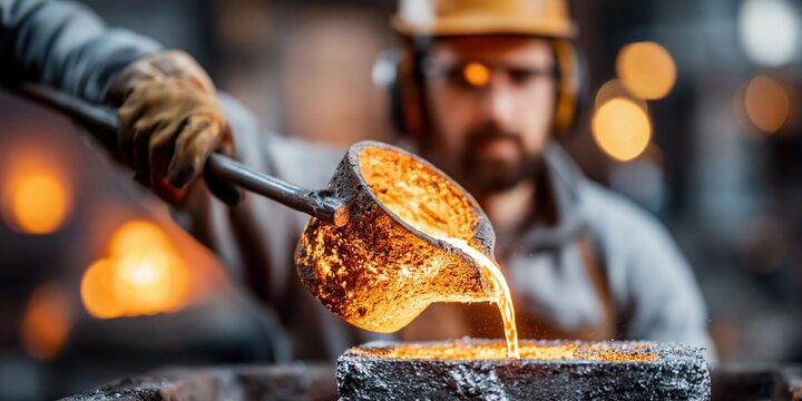 Metal pouring process at industrial foundry