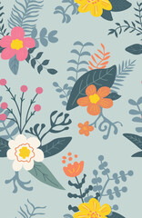 Obraz premium Seamless hand drawn abstract flower pattern with retro freeform doodle flowers 