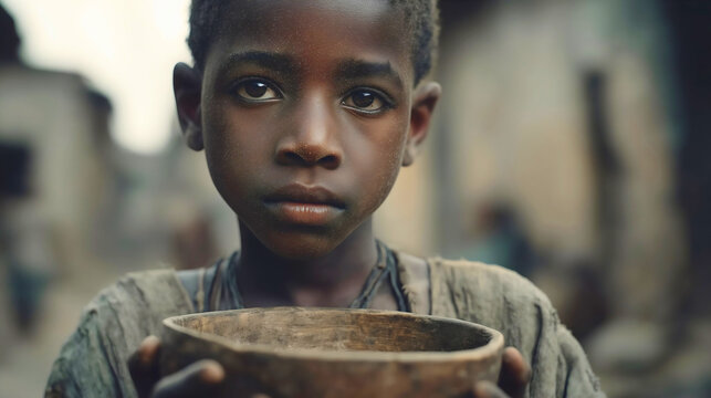 Close-up of a child with a hopeful yet sad expression holding an empty bowl, depicting the harsh reality of food insecurity and humanitarian crisis.