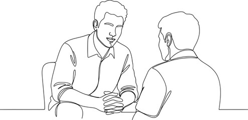 Two men talking, one facing viewer, seated, hands clasped, minimalist line art style © Brian