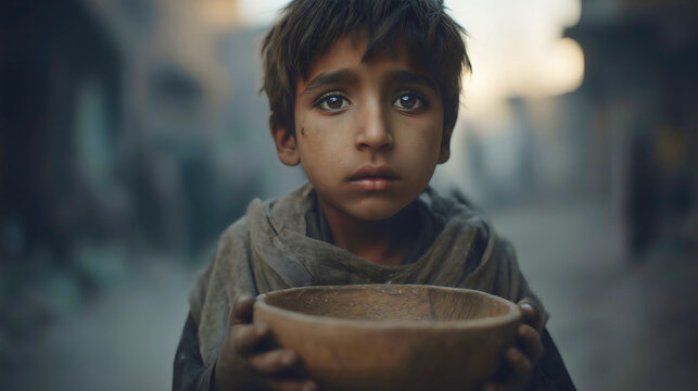 Young boy holding an empty wooden bowl in a dusty, impoverished setting; symbolic image of global hunger and child poverty.
