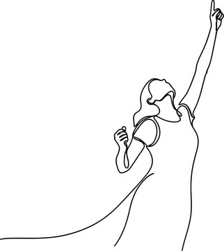 Woman's continuous line drawing, raising arm, pointing upwards, celebrating success or aspiration