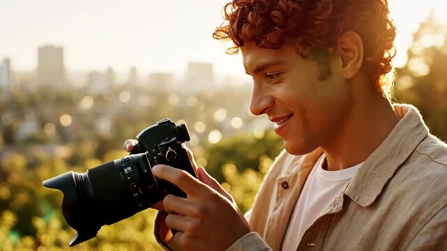 A young man with curly hair uses a professional camera. He captures a sunset over the city from a viewpoint. This image represents creativity and hobby. Ideal for travel or tech blogs.