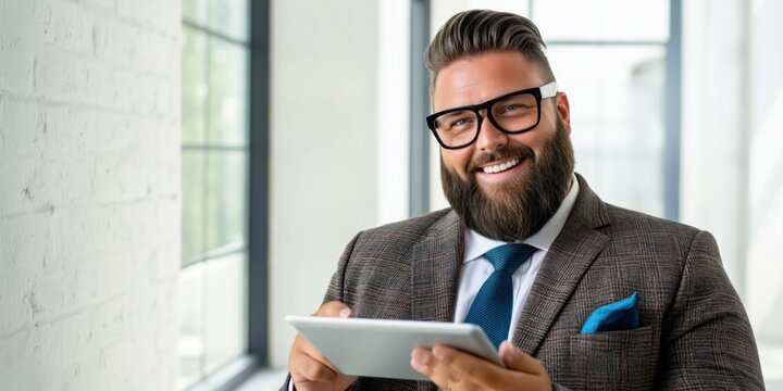 Smiling overweight businessman in glasses holding a tablet in a modern office