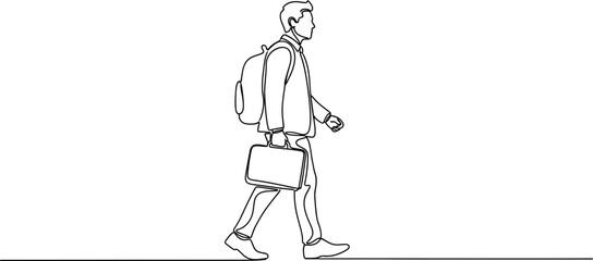 Obraz premium Man walking with backpack and briefcase, continuous line drawing