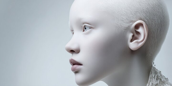 Portrait of a young albino person with striking pale skin and light blue eyes in profile
