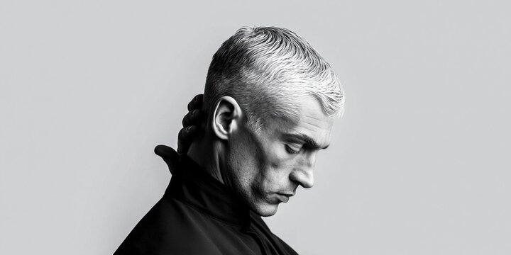 Introspective portrait of mature man in black and white