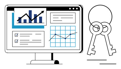 Data protection, business analytics, cyber security, digital tools, finance management, information strategy. Computer screen with data charts and keys. Data protection and business analytics concept © robu_s