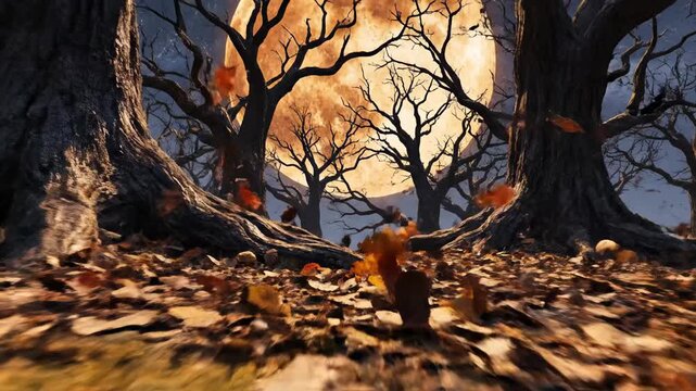 Spooky autumnal forest scene unfolds beneath a colossal, glowing moon, its eerie light illuminating gnarled, ancient trees and a ground densely carpeted with fallen, vibrant leaves, evoking