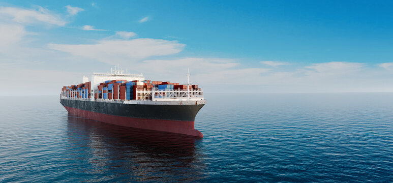 Container cargo ship on calm blue ocean, global shipping and logistics concept