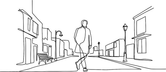 Continuous line drawing of a person walking on a street with buildings and streetlights. © Brian