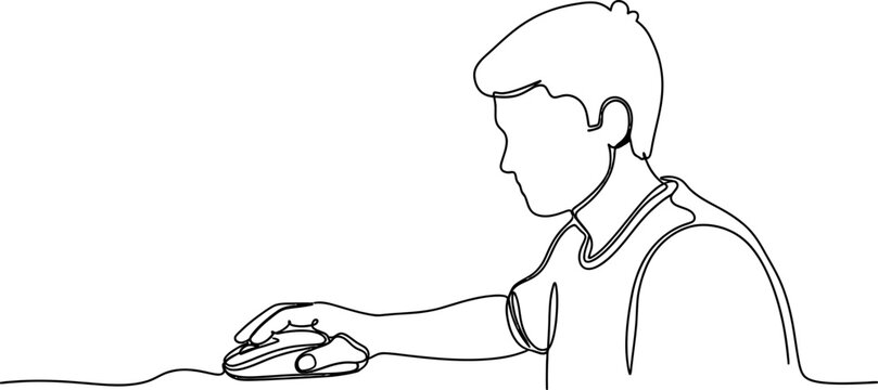 Minimalist line art of a person using a computer mouse, focused on digital interaction.