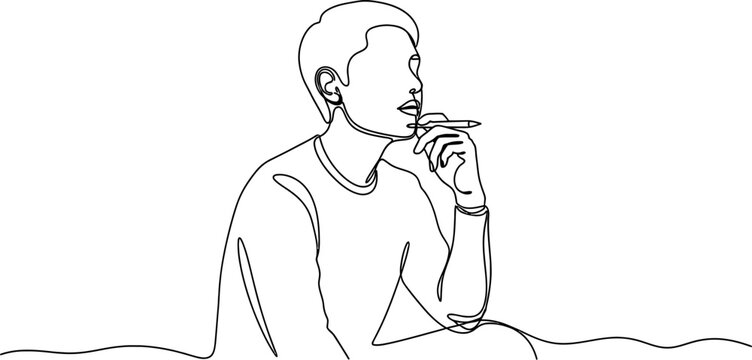 Continuous line drawing of a man holding a pen to his lips, deep in thought.