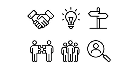 Business concept handshake lightbulb signpost puzzle people team magnifying glass agreement partnership in white background. © Tania