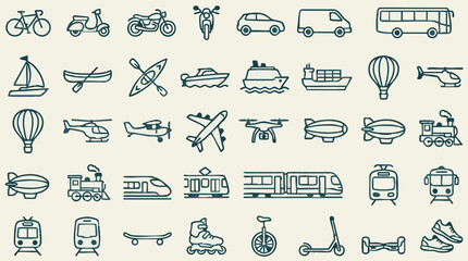 Collection of various transportation icons in line art style © Nomadic