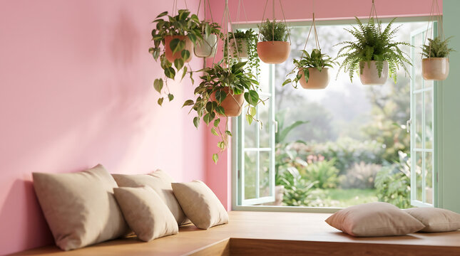 Sunlit Modern Studio with Pastel Pink Wall, Lush Hanging Plants and Serene Garden View