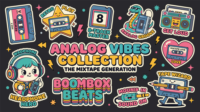 Analog Vibes Mixtape Generation Retro Sticker Collection Cassette Boombox Walkman 80s Kawaii Music Characters Dark Background Bundle