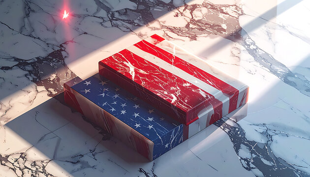 Pixelated american flag design on marble surface, abstract retro style with lens flare, digital illustration