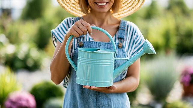 Close-up of a woman holding a watering can while smiling in a summer garden, garden lifestyle concept, outdoor plant care happiness, horticulture enjoyment photography, defocused