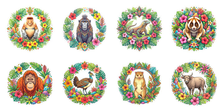Tropical Indonesian Wildlife Illustration Set, Endemic Animals inside Exotic Floral Wreaths including Orangutan, Komodo Dragon, and Slow Loris
