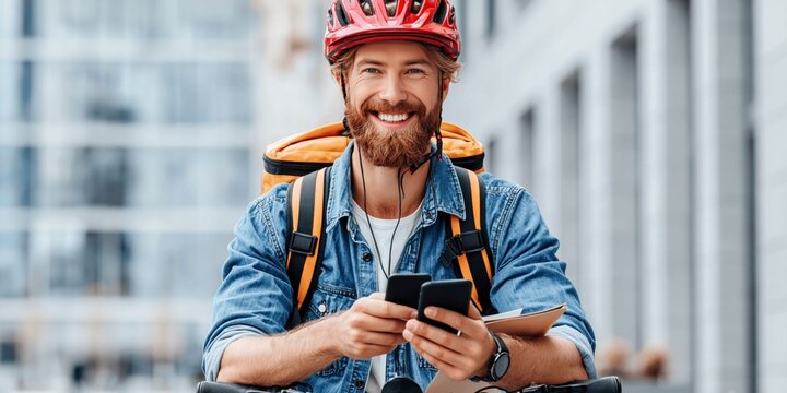 Delivery cyclist using smartphone on bicycle