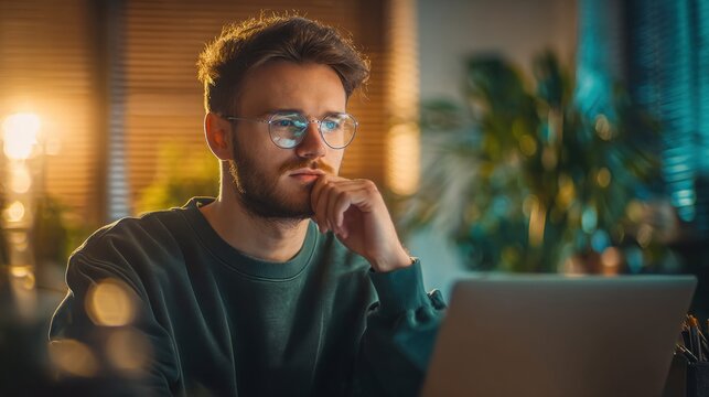Young man wearing glasses thoughtfully looking at his laptop screen in a dimly lit room