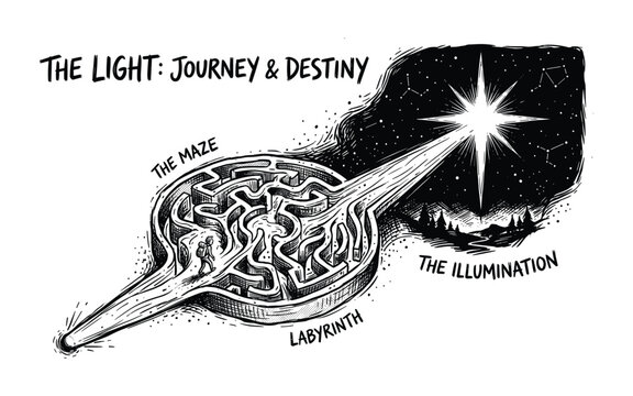 The light journey and destiny maze labyrinth and illumination concept vector illustration.