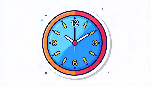 Pixel art clock face showing time, round dial with blue face, red and yellow accents, simple illustration for timekeeping concepts