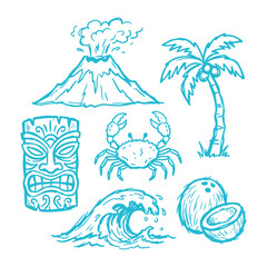 Tropical island hand-drawn vector icons with volcano, palm tree, tiki mask, crab, wave, and coconut. Representing summer vacation and beach culture © Zulfa