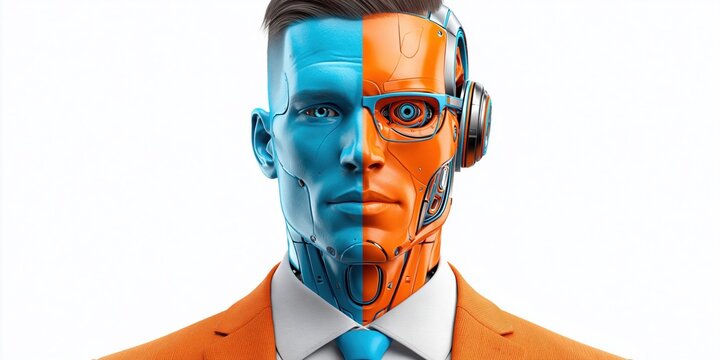 Half human half robot face with orange suit and blue tie on white background