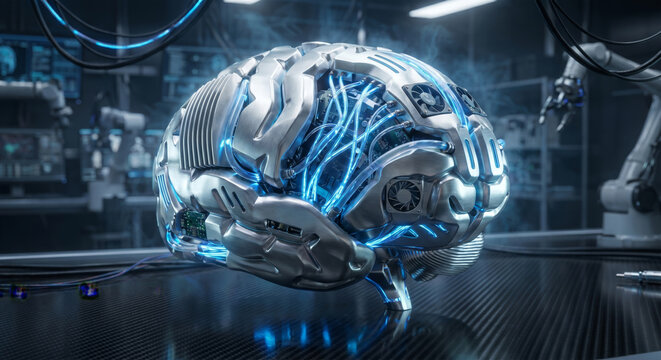 Advanced Artificial Intelligence Brain with Glowing Neural Networks Symbolizing the Future of Cognitive Technology and Innovation in a High-Tech Research Environment