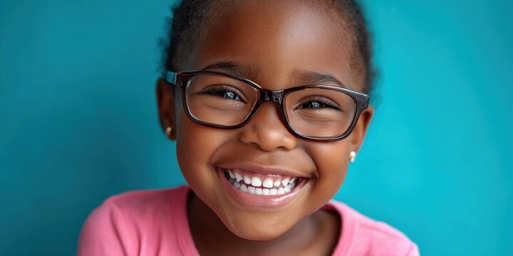 Joyful young Black girl with glasses smiles brightly against a vibrant teal background