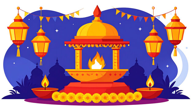 Pixel art of a hindu fire altar with diyas and hanging lanterns, festival celebration, night sky with crescent moon and stars, traditional temple architecture element