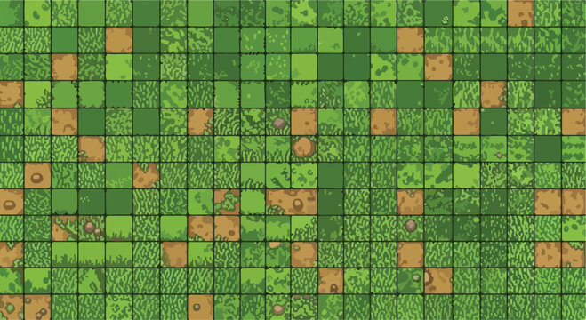 Pixel art grass texture background, retro 8-bit video game terrain map, green meadow and brown dirt tile set vector for gaming interface
