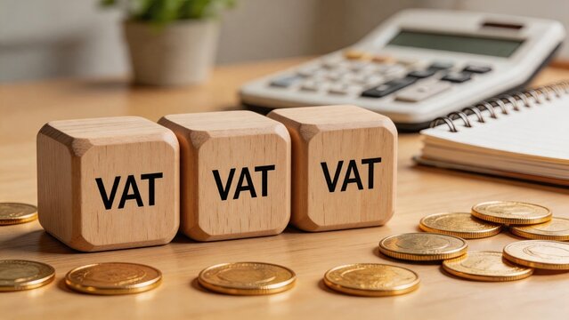 Wooden cubes with VAT text and gold coins on desk, illustrating value added tax and corporate financial management concepts.