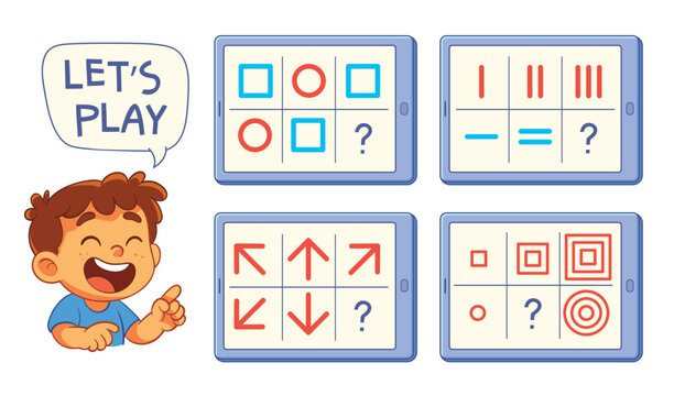 Educational logic puzzles for kids with shapes, arrows, and patterns on tablets. Fun learning activity that develops reasoning, attention, and problem-solving skills in early education. Find the Match