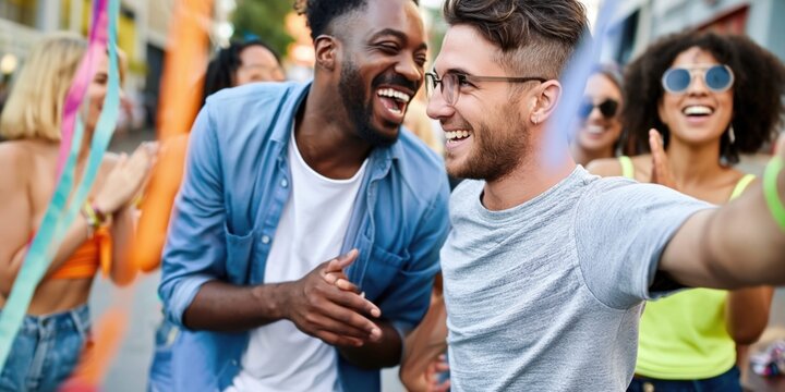 Two men laughing joyfully while dancing at an outdoor street party celebration