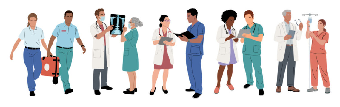 Medical staff walk together, united in purpose. Diverse professionals show calm confidence. Some carry tools, others hold records. They move as a team, ready to help. Ideal for healthcare, wellness
