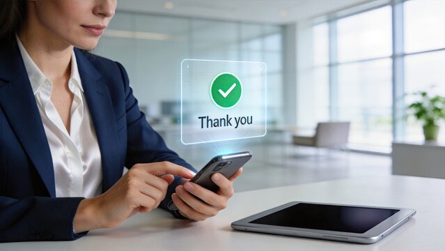 Businesswoman receiving thank you message on smartphone, successful communication, customer satisfaction, gratitude notification, professional interaction in modern office