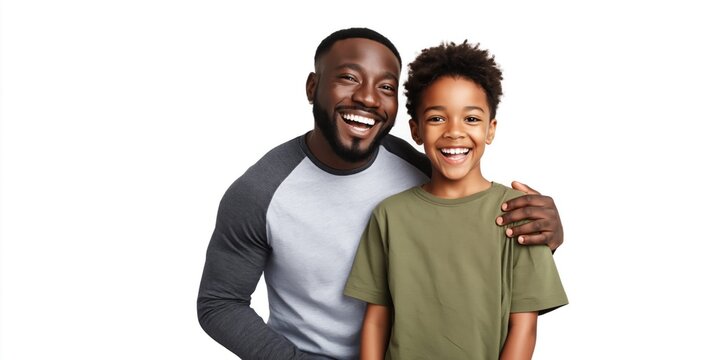 Joyful African American father and son share a happy moment together, laughing heartily