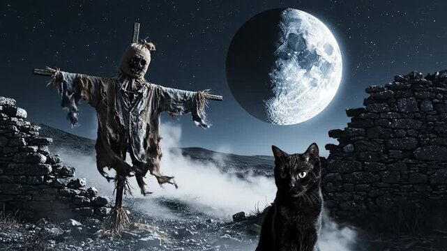 Mysterious black cat with piercing eyes sits near a tattered scarecrow against a hauntingly luminous moonlit sky over weathered stone ruins, evoking a chilling atmosphere of Halloween