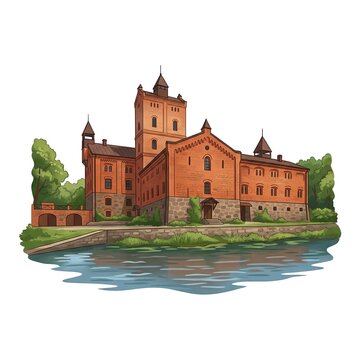 Illustration of the historic Radomysl Castle standing on the riverbank with red brick walls and stone foundation