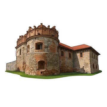 Illustration of the historic Starokostiantyniv Castle featuring a defensive round tower and stone walls with Renaissance elements