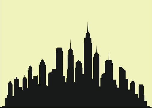 City skyline silhouette at sunset with urban skyscrapers and modern buildings illustration