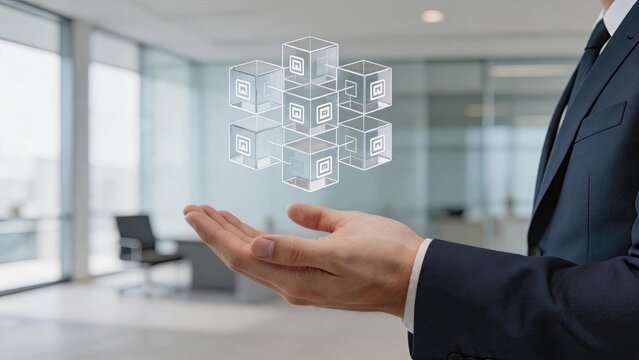 Businessman holding a holographic blockchain network, symbolizing digital technology, cryptocurrency, decentralized data structure, and future innovation in the modern corporate