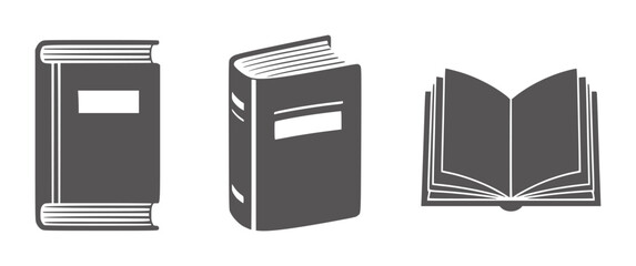 Three dark gray book one closed upright one closed angled and one open symbol literature © Md