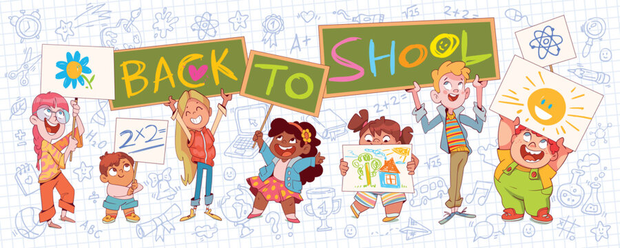 Happy cartoon children holding Back to School signs and drawings on a notebook doodle background with school symbols, math sketches and playful educational elements. Vector illustration